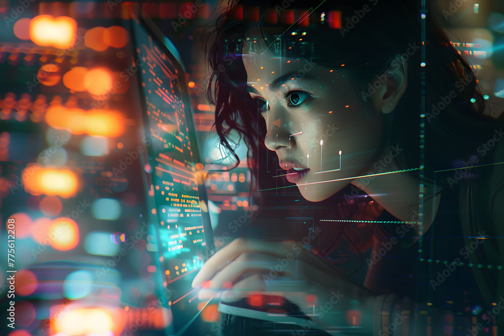 Poster a focused woman interacts with a futuristic holographic interface, surrounded by digital data and li