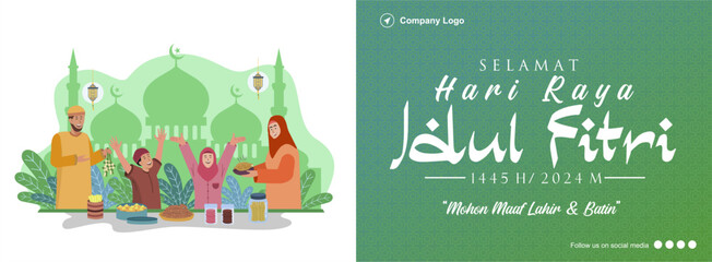 Exclusive Happy Eid Mubarak 1445 H Family Gathering Illustration. Perfect template for Social Media Needs and Promotion. Hari Raya Idul Fitri  Banner