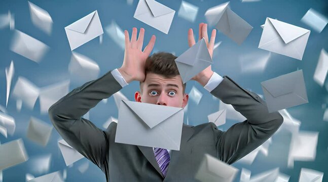 Frustrated businessman and many falling envelopes. 