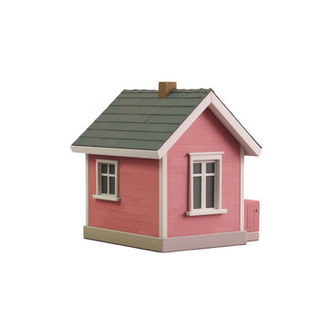 A close up of a pink house with a green roof