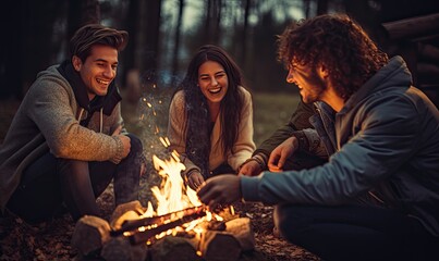 Obraz premium Happy friends sitting aroun the fire pit, smiling and having fun. Camping theme