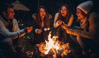 Obraz premium Happy friends sitting aroun the fire pit, they roast marshmallows, smiling and having fun. Camping theme