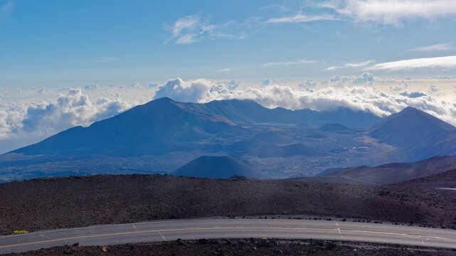 Spectacular view of a landscape of Haleakala crater from Pa Ka'oao Trail (White Hill Trail) with Haleakala highway in the foreground, Haleakala National Park, island of Maui, Hawaii, USA