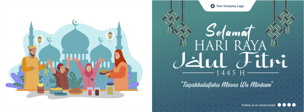 Indonesian family celebrating eid mubarak with breakfast vector illustration. Exclusive template perfect choice for social media, greeting card, banner, poster and promotion. Hari Raya Idul Fitri 1445