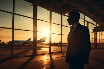 Silhouette of a businessman with luggage at the airport during sunrise, with airplanes in the background