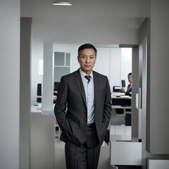 A middle aged business man wearing a suit in an office