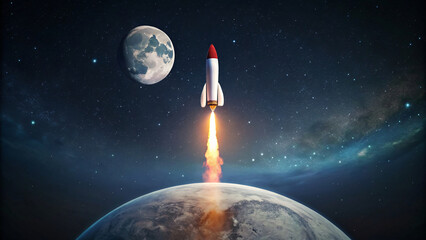 Space Rocket Soaring Above Moon's Surface - obrazy, fototapety, plakaty