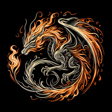 translucent fire dragon on dark background illustration