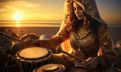 Beautiful arabic woman with ancient music instruments, amazing sunset background