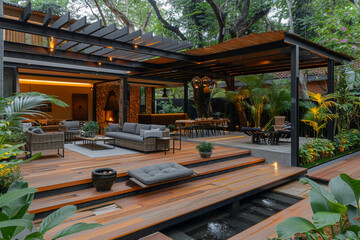 Of a lavish side outside garden at morning, with a teak hardwood deck and a black pergola. Scene in the evening with couches and lounge chairs 