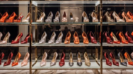 Large collection of leather shoes on display in a modern boutique - Powered by Adobe