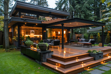Of a lavish side outside garden at morning, with a teak hardwood deck and a black pergola. Scene in...