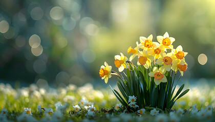 Obraz na płótnie Canvas Bright yellow daffodils in a sunny spring meadow.