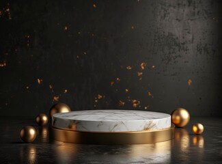 A round marble pedestal with a golden base for product presentation, on a dark background, with gold spheres on the floor