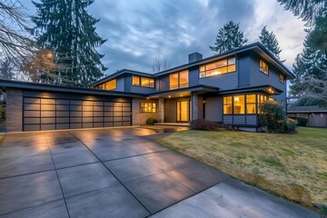 A modern two-story luxury home in the Pacific Northwest with a large garage and driveway