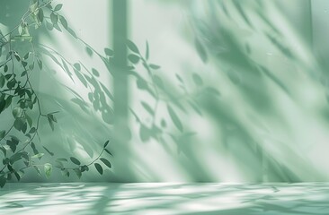 A soft green background with the shadows of plants on it, creating an elegant and minimalistic atmosphere