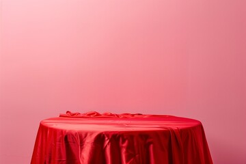 A round podium covered with red fabric, against the background of a solid color wall in pink tones