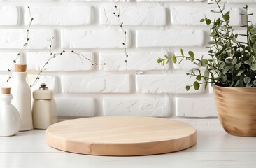 A white wooden kitchen counter with a simple round wood podium in the center