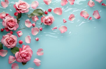 Pink roses and petals on a pastel blue background with copy space for text