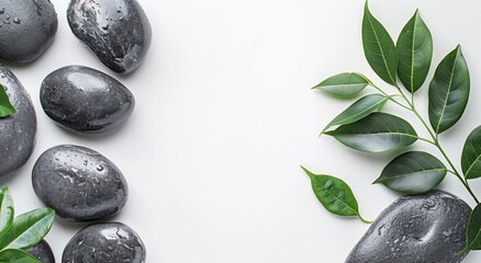 White background with grey rocks and green leaves on the right side, spa or wellness theme