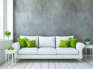 White sofa with green pillows and a small side table near the window against a gray wall in the living room, with a white and lime green color scheme