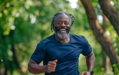 Vibrant and dynamic shot of an elderly African American man in athletic wear, smiling as he joyfully runs outdoors with his smartwatch on hand