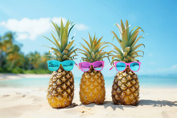Family of funny attractive pineapples in stylish sunglasses on the sand against turquoise sea