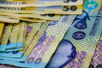 LEI money banknotes, detail photo of RON