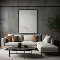 Minimalistisch: Designer-Sofa im Wohnzimmer im Brutalismus-Stil vor Betonwand - obrazy, fototapety, plakaty
