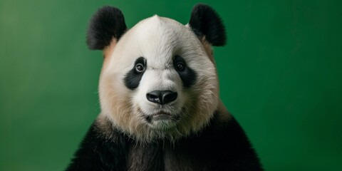 Happy smiling panda isolated on green background with copy space, funny animal portrait front view.
