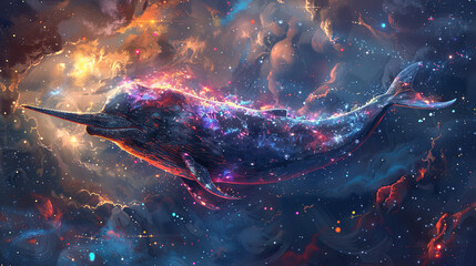 narwhal on the universe background, mythical animal concept - obrazy, fototapety, plakaty