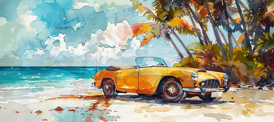 watercolor illustraion of cabriolet on the tropical beach background. travel concept  - obrazy, fototapety, plakaty