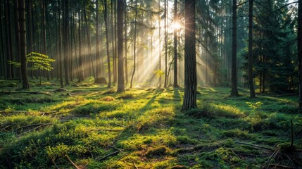 Obraz premium Beautiful sunrise in the forest with rays of light passing through the trees