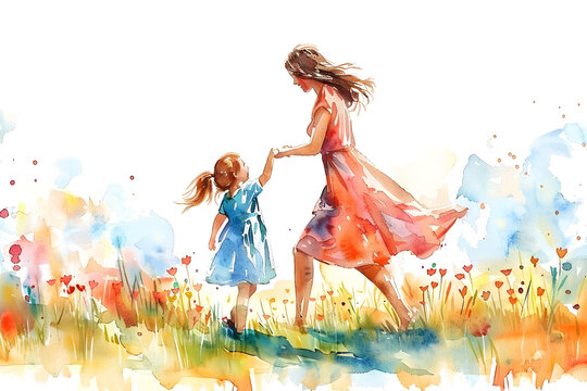 This watercolor illustration depicts a happy mother and daughter enjoying a colorful scene, perfect for mother's day celebrations and family-themed events.