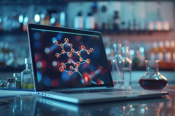A digital image showing the molecular structure of a breakthrough drug is displayed on a laptop in the lab. - obrazy, fototapety, plakaty