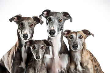 Image of family of greyhounds dog on white background. Pet. Animals. Illustration, Generative AI.