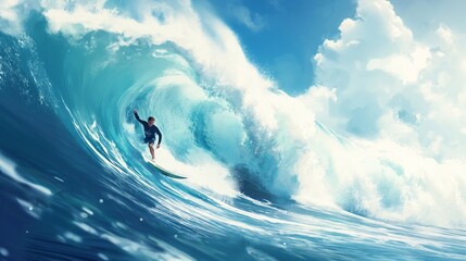 extreme surfing activities. a man on a surfboard harnessed a huge wave in the ocean and enjoys applying his skills to real life