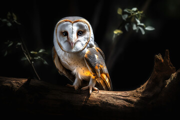 Image of a barn owl on a branch in the forest at night. Birds. Animals. Illustration, Generative AI.