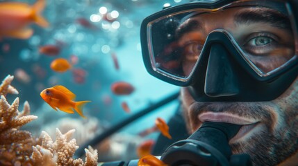 happy man in diving equipment and happy to see coral reefs and orange fish for the first time so close. travel and new experiences help us experience our lives fully
