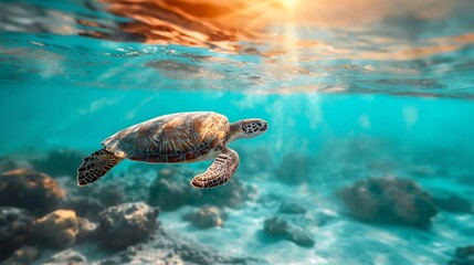 Shooting from under the water of a sea turtle swimming in the underwater world during the setting sun, the rays of which break through the surface of the ocean water