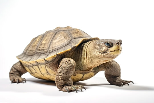 A solitary turtle, set against a clean white backdrop, showcasing its brown carapace while leisurely walking, embodies the essence of a cute and slow-moving reptile on white background. Generative AI.