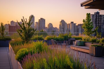 Luxurious rooftop garden terrace offers a peaceful retreat with modern outdoor furniture overlooking a stunning urban skyline during a warm sunset. Resplendent.