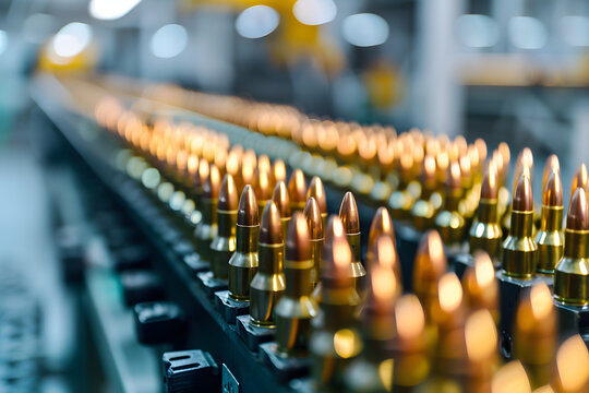 Ammunition assembly line with bullets, shallow depth of field.