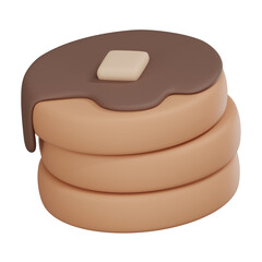 3D rendering of a tempting stack of pancakes drizzled with chocolate syrup and topped with a pat of butter, transparent backgrounds.
