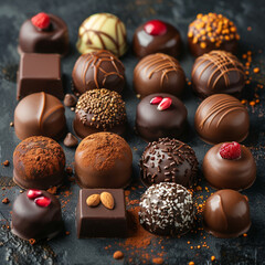 Delicious truffle or praline chocolate assortment. Gourmet specialty chocolate bonbons or pralines. close up ai technology