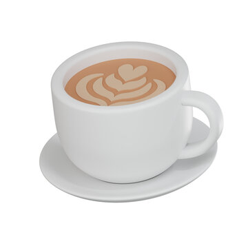 Digital illustration of a white coffee cup with intricate latte art, ideal for illustrations of coffee cafe concepts, transparent backgrounds.