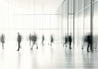 blurred scene of people walking in a hallway