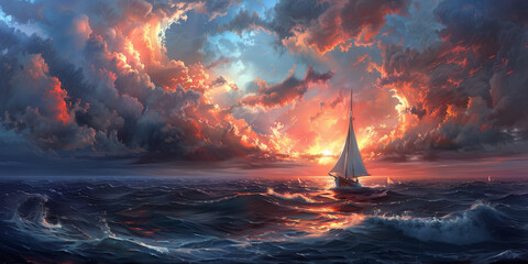 Digital art showcases a sailboat gracefully sailing through an enchanting cloudscape, with the setting sun painting tumultuous waves with vibrant colors, creating a mesmerizing scene. - obrazy, fototapety, plakaty