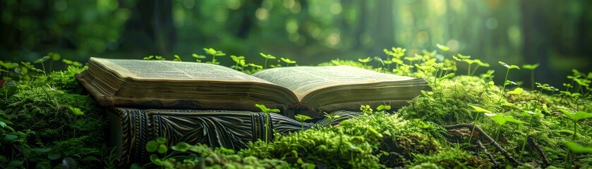 Ancient Book on Forest Floor Among Moss and Ferns in Sunlit Woods
 - obrazy, fototapety, plakaty