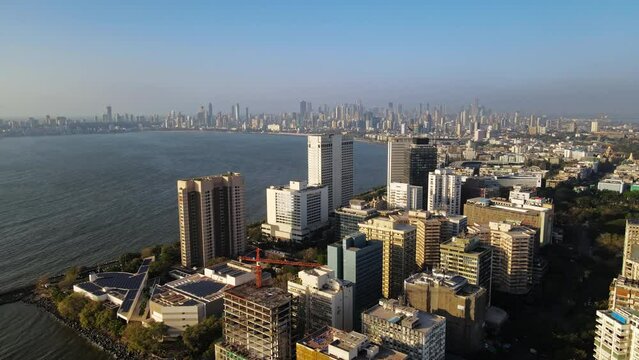 Aerial View of Mumbai's Iconic Queen's Necklace. skyline cityscape of Mumbai, India.